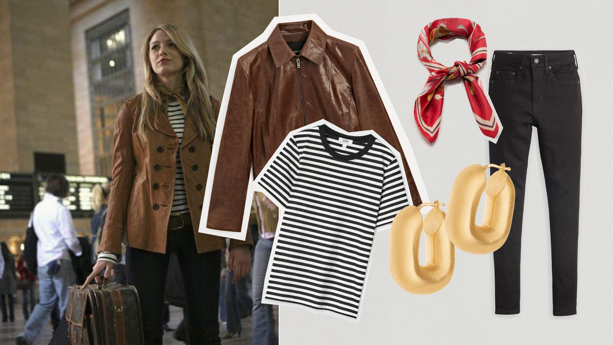Back to school outfits inspired by Gossip Girl featuring a stylish leather jacket, striped top, and accessories.
