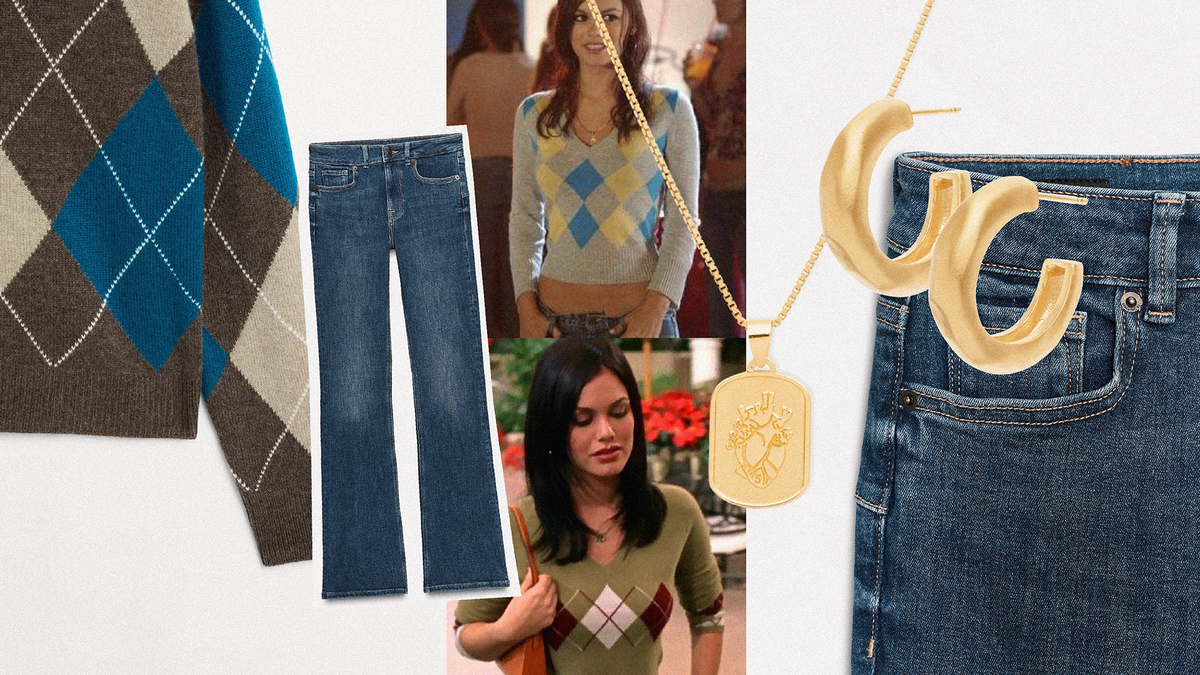 back to school fashion inspired by The O.C. featuring argyle sweaters, wide-leg jeans, and jewelry