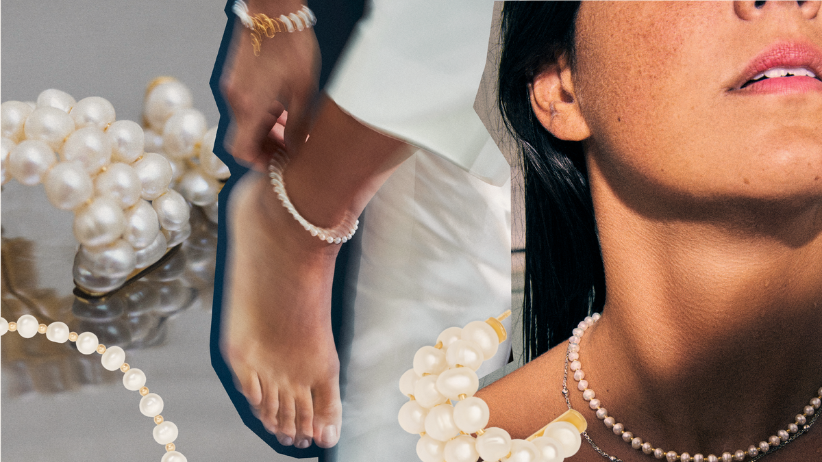 Baroque pearl jewelry elegance showcased in necklaces and anklets, emphasizing modern styling and timeless beauty.