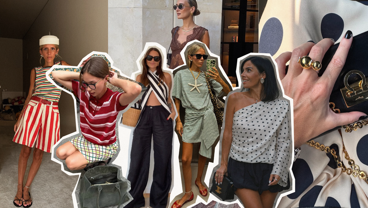 Collage of summer outfits featuring polka dots vs stripes summer fashion 2025.