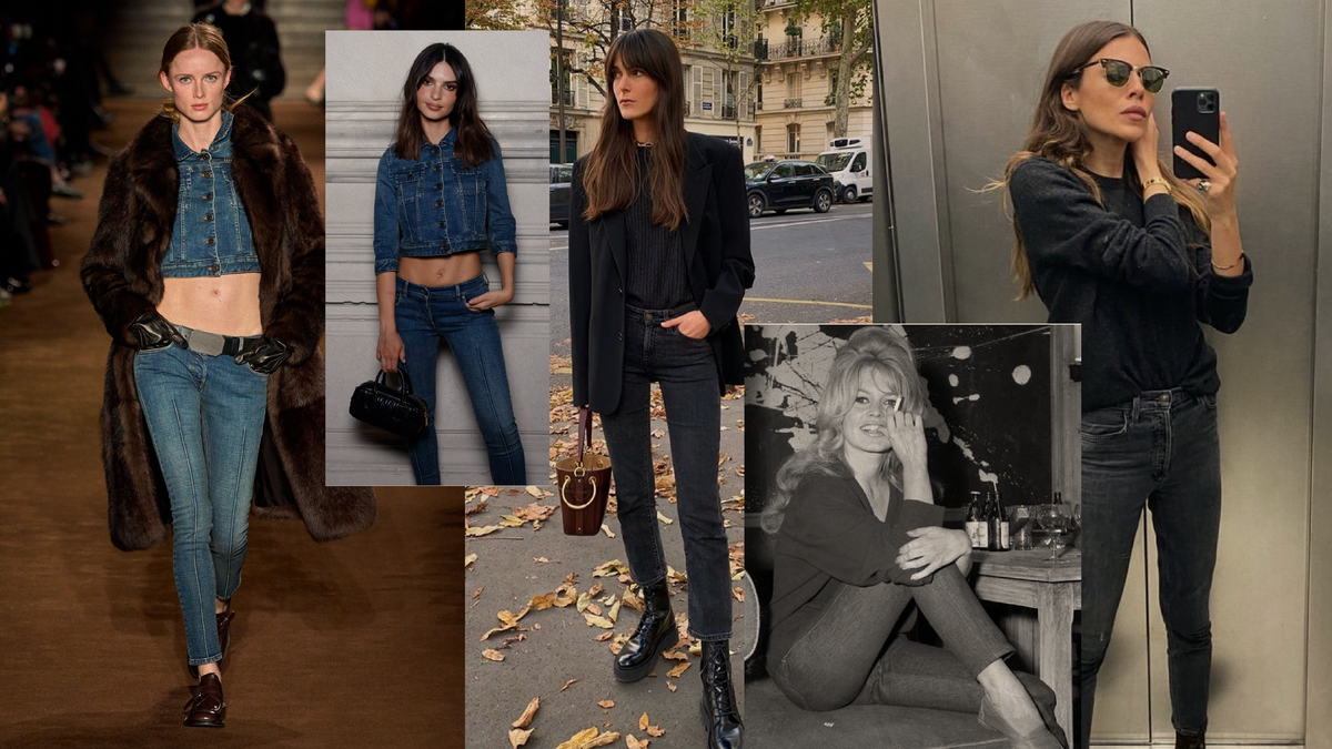 Fashionable women showcasing different styles of skinny jeans comeback style with various outfits and settings.