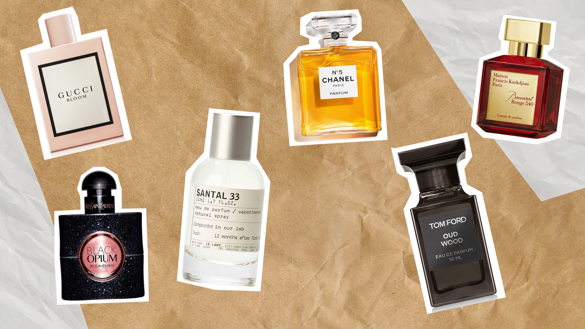 Array of top perfumes including Gucci Bloom and Chanel No. 5 for the best perfumes for this season.