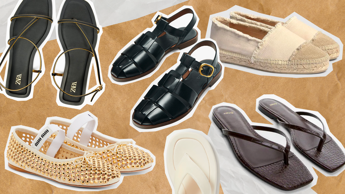 Trendy flat shoes for summer featuring various stylish sandals and flats in a chic collage layout.