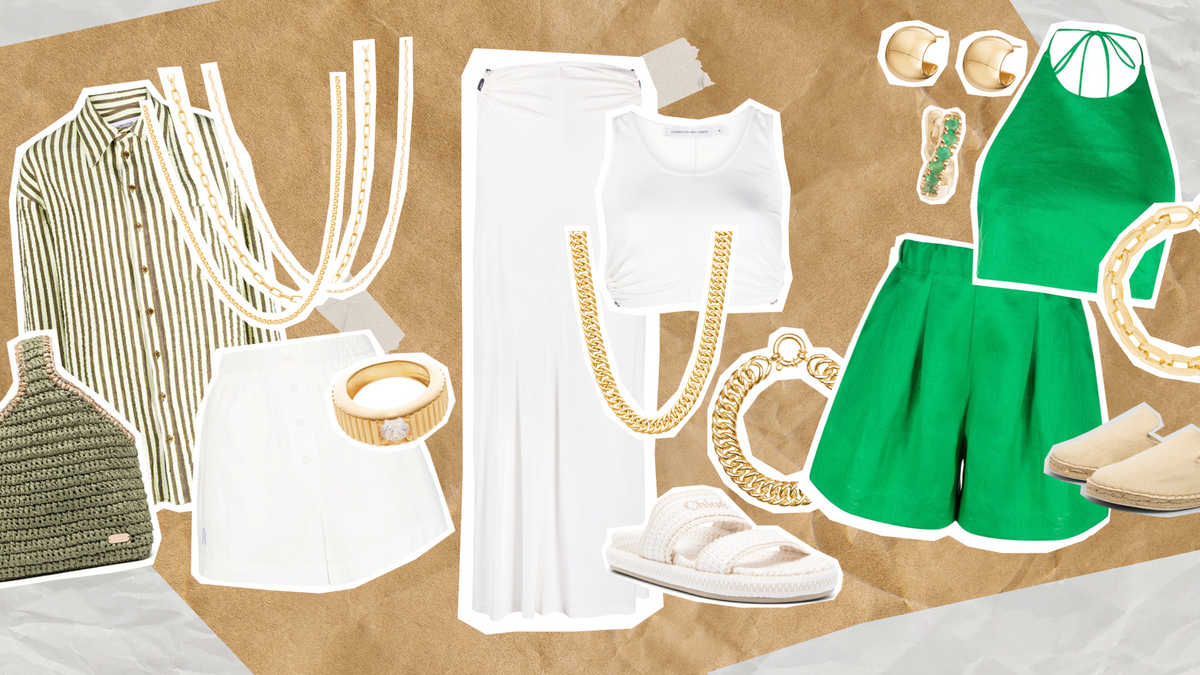 Stylish matching resort wear outfits featuring trendy tops, bottoms, accessories, and footwear for a vacation look.