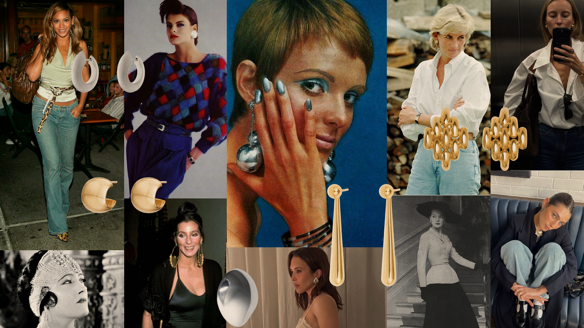 earrings fashion history through the decades with images of iconic styles and personalities representing each era.