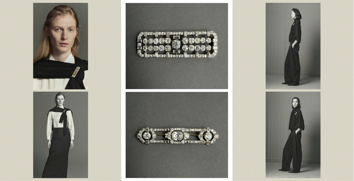 Vintage jewelry minimalism showcased in elegant black and white fashion on model in The Row Spring 2026 collection.