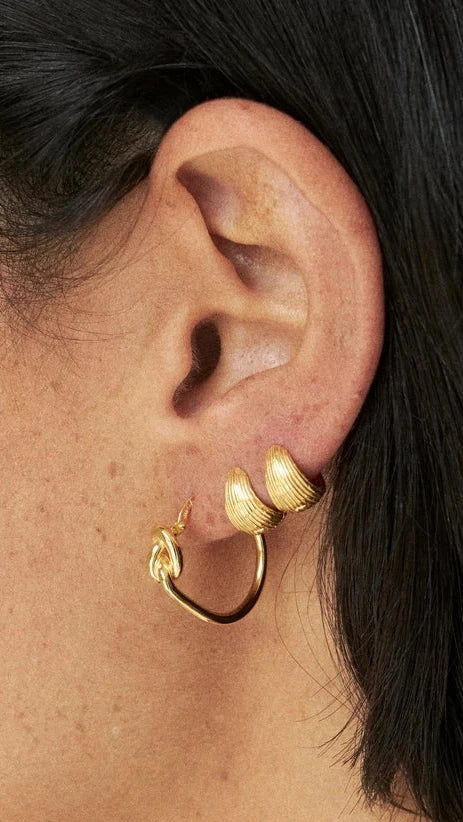 Close-up of a person wearing gold hoop earrings with a neutral background