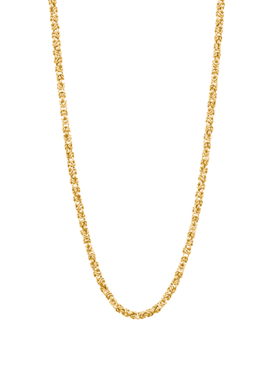 A delicate gold chain necklace with a textured, woven appearance, displayed in a U-shape against a solid white background.