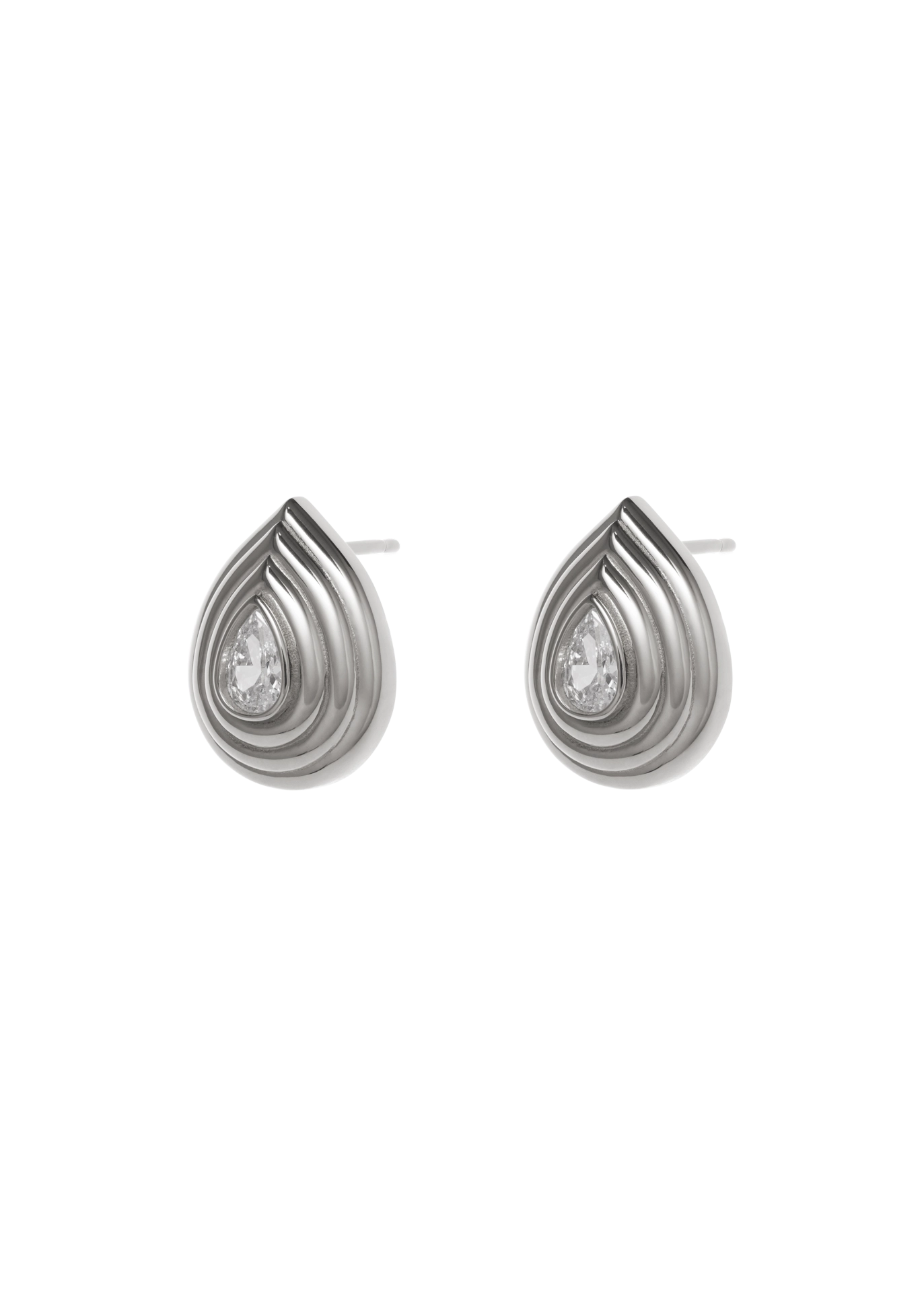 A pair of silver teardrop-shaped stud earrings with a small clear teardrop gemstone in the center, set against a plain white background.