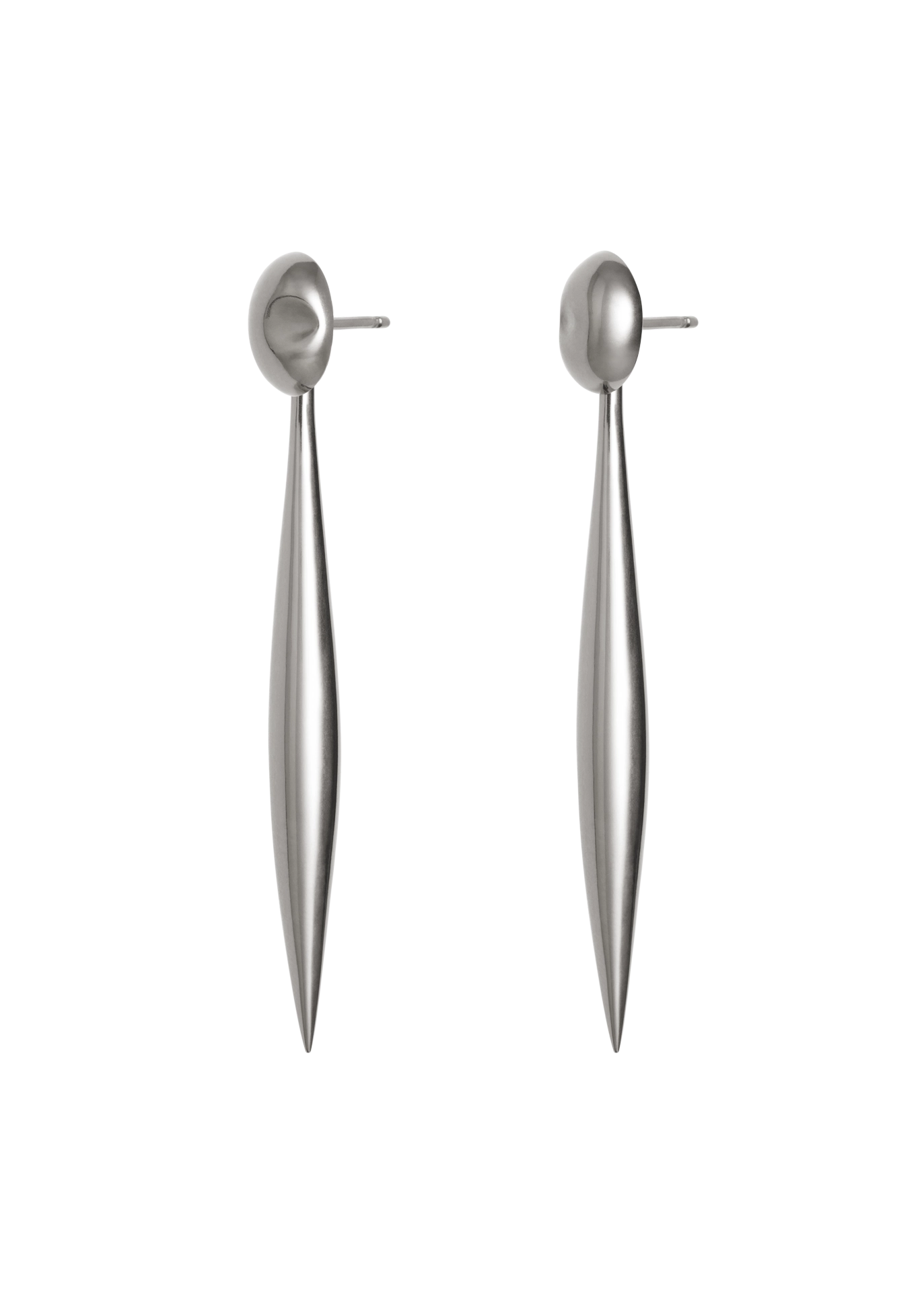 Silver earrings with long, thin, spear-like design on a white background