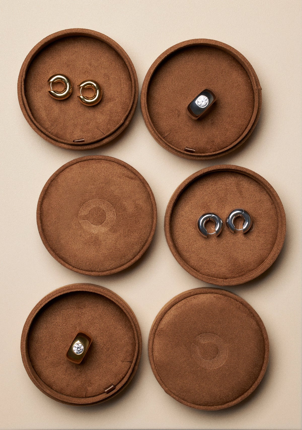Medium Velvet Jewelry Box showcasing elegant earrings and rings in brown velvet compartments.